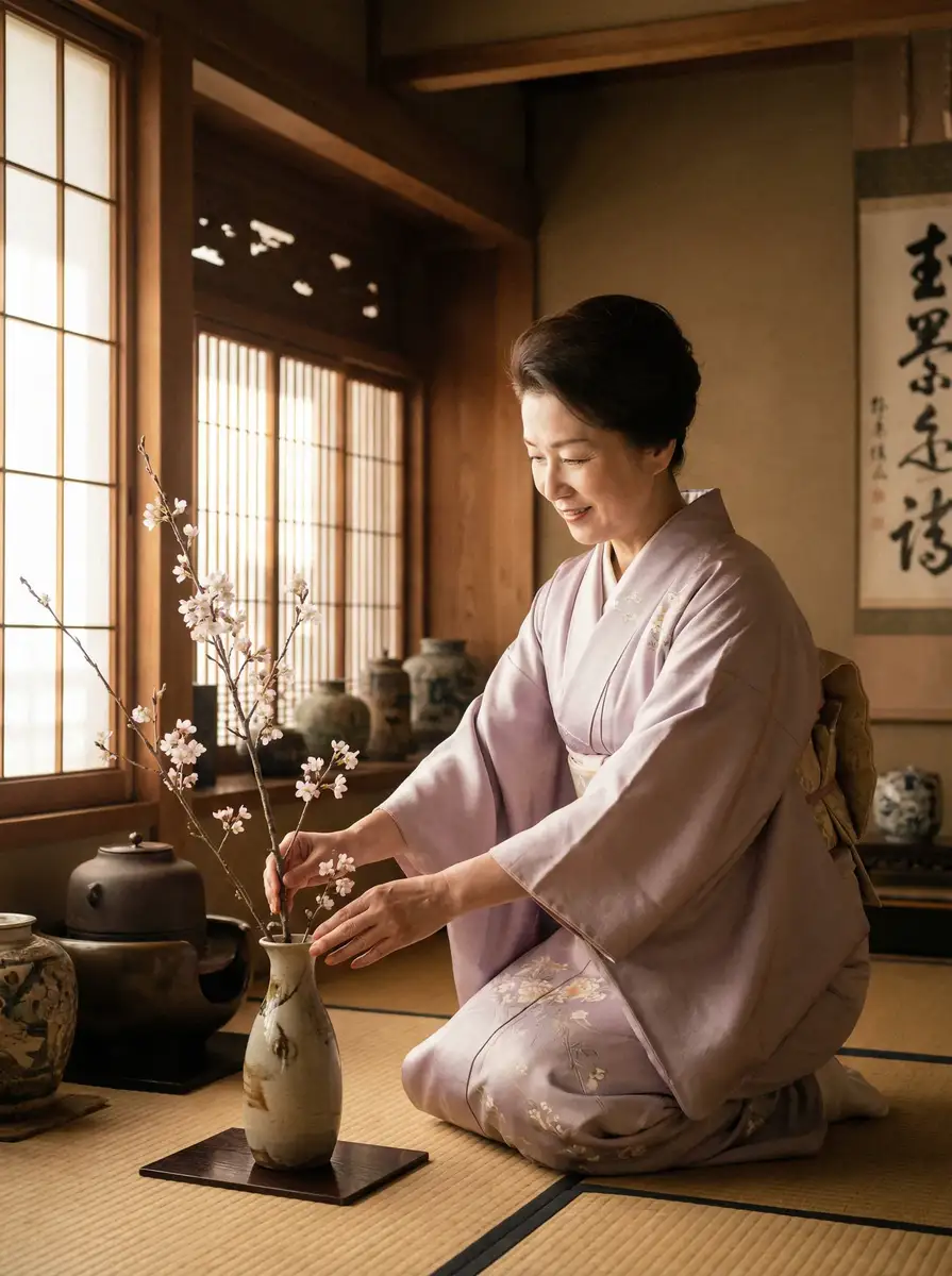 一位优雅的 Bet365平台 在和室中插花